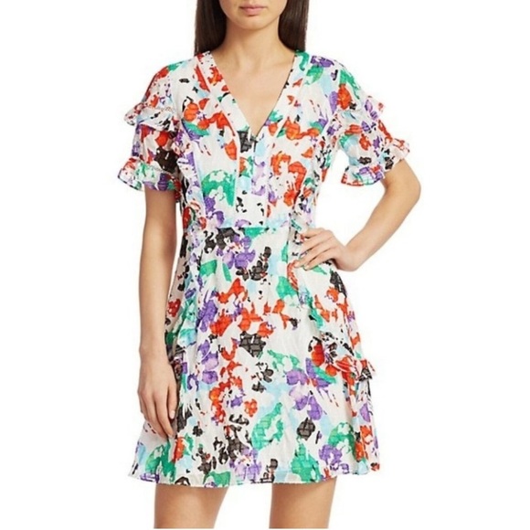 NWT Tanya Taylor Size 2 Rhett Painted Floral Mini White Silk Ruffle Dress $495 - Picture 1 of 7